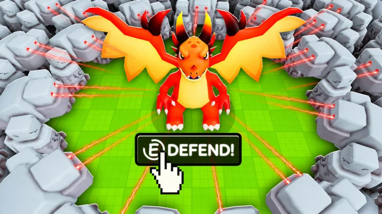 A red dragon defending its zone against a circle of stone enemies firing lasers in Catch Dragons To Defend.