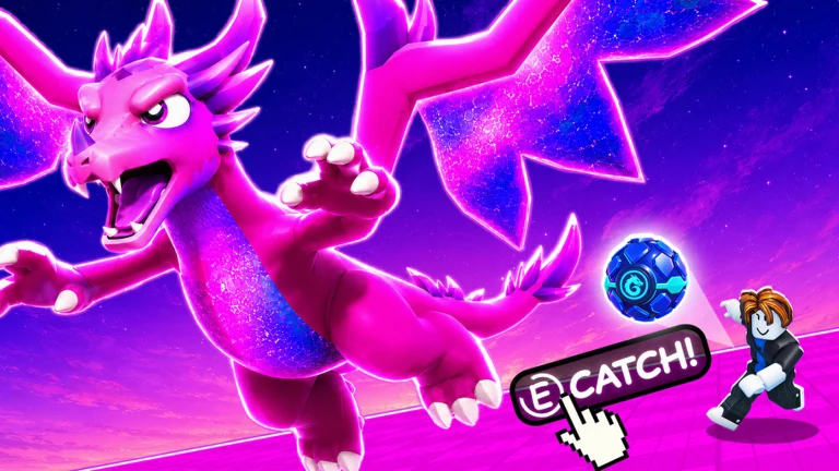 A glowing pink dragon lunging toward the player with the E CATCH prompt in Catch Dragons To Defend.